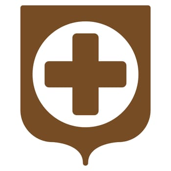 Medical Shield glyph icon. Style is flat symbol, brown color, rounded angles, white background.