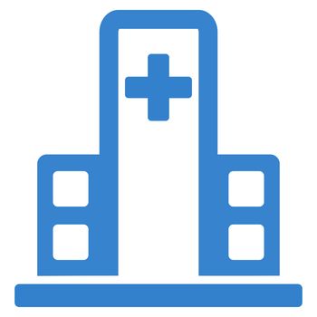 Hospital Building glyph icon. Style is flat symbol, cobalt color, rounded angles, white background.