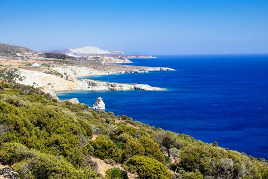 Scenic view of rural rocky ocean coastline on Milos island, Greece
