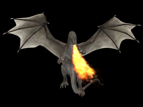 A fierce dragon with huge teeth and claws breathes fire as a weapon as he rises with outspread wings.