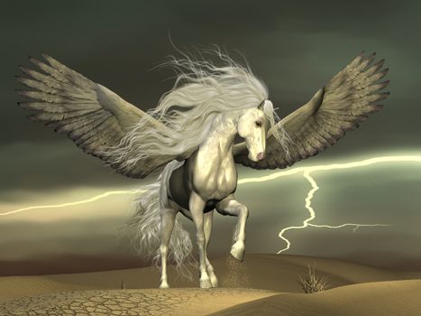 A white Pegasus horse nervously paws the ground with outstretched wings as a thunderstorm passes by.