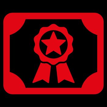Award Diploma raster icon. Style is flat symbol, red color, rounded angles, black background.