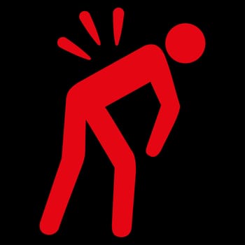 Backache raster icon. Style is flat symbol, red color, rounded angles, black background.