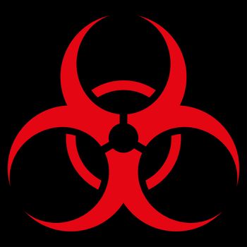 Biohazard Symbol raster icon. Style is flat symbol, red color, rounded angles, black background.