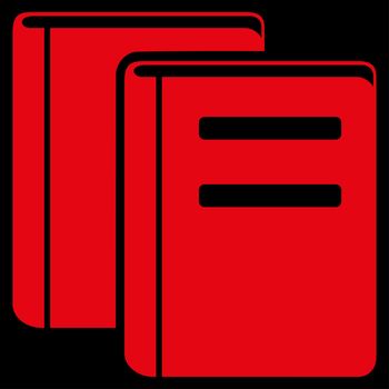 Books raster icon. Style is flat symbol, red color, rounded angles, black background.