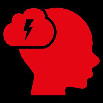 Brainstorm raster icon. Style is flat symbol, red color, rounded angles, black background.