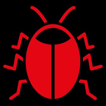 Bug raster icon. Style is flat symbol, red color, rounded angles, black background.