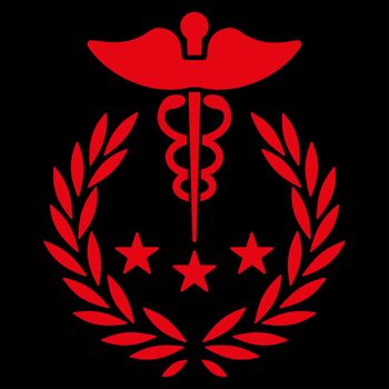 Caduceus Logo raster icon. Style is flat symbol, red color, rounded angles, black background.