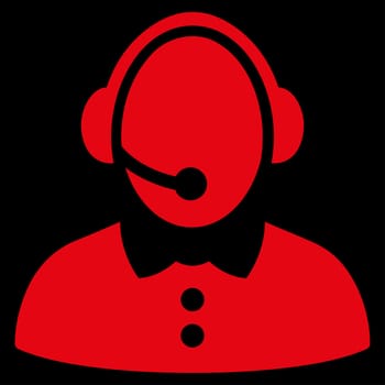 Call Center Woman raster icon. Style is flat symbol, red color, rounded angles, black background.