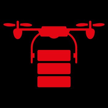 Cargo Drone raster icon. Style is flat symbol, red color, rounded angles, black background.