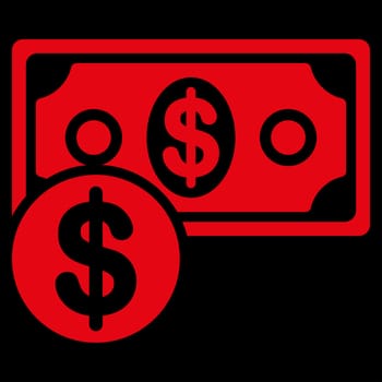 Cash raster icon. Style is flat symbol, red color, rounded angles, black background.