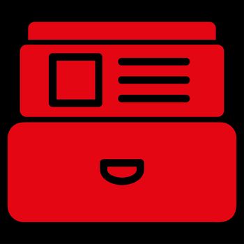 Catalog raster icon. Style is flat symbol, red color, rounded angles, black background.