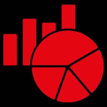 Charts raster icon. Style is flat symbol, red color, rounded angles, black background.