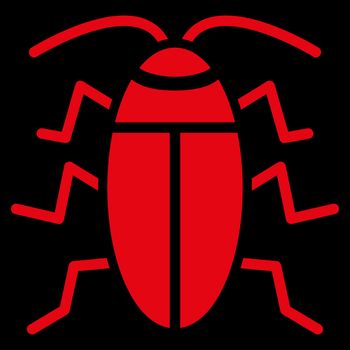Cockroach raster icon. Style is flat symbol, red color, rounded angles, black background.