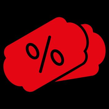 Discount Coupons raster icon. Style is flat symbol, red color, rounded angles, black background.
