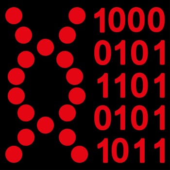 Dna Code raster icon. Style is flat symbol, red color, rounded angles, black background.