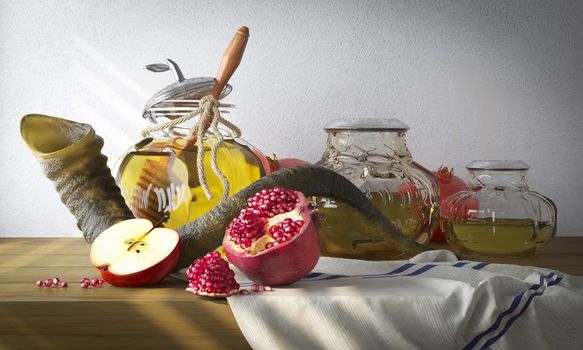 Honey jar with apples and pomegranate for Rosh Hashana religious holiday