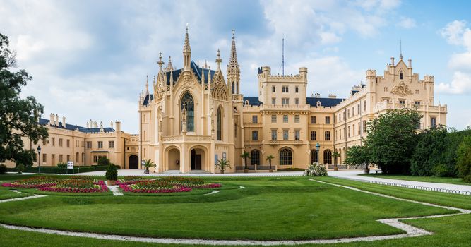 Front View of Lednice Castle on Cloudy Day, UNESCO World Heritage, Czech Republic