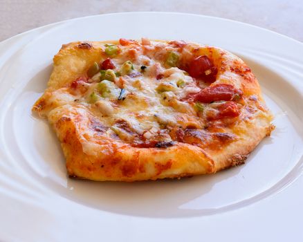 In the picture a small pizza with tomatoes, cheese, peppers, onions and spices, served on white plate.