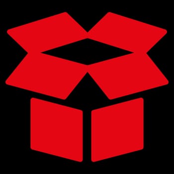 Open Box raster icon. Style is flat symbol, red color, rounded angles, black background.