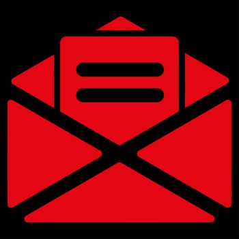 Open Mail raster icon. Style is flat symbol, red color, rounded angles, black background.
