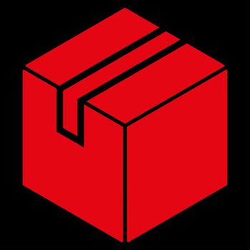 Package raster icon. Style is flat symbol, red color, rounded angles, black background.