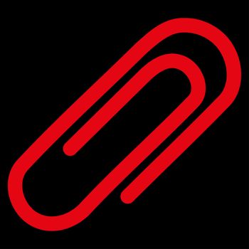 Paperclip raster icon. Style is flat symbol, red color, rounded angles, black background.