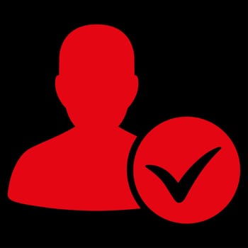 Patient Ok raster icon. Style is flat symbol, red color, rounded angles, black background.