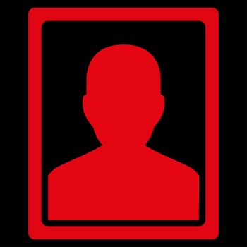 Patient Portrait raster icon. Style is flat symbol, red color, rounded angles, black background.