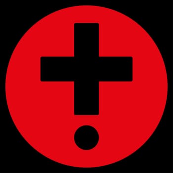 Pharmacy raster icon. Style is flat symbol, red color, rounded angles, black background.