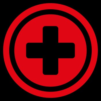 Rounded Cross raster icon. Style is flat symbol, red color, rounded angles, black background.