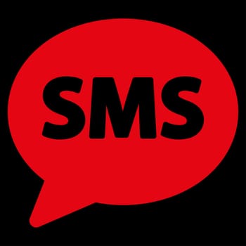 Sms raster icon. Style is flat symbol, red color, rounded angles, black background.