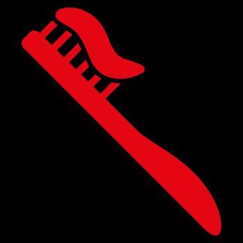 Tooth Brush raster icon. Style is flat symbol, red color, rounded angles, black background.