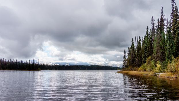 McGillivray Lake in the Shuswap Highlands in central British Columbia with surrounding trees reflecting on the water on a cloudy autumn day