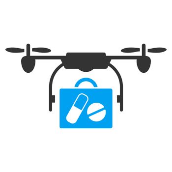 Medical Drone Shipment raster icon. Style is bicolor flat symbol, blue and gray colors, rounded angles, white background.