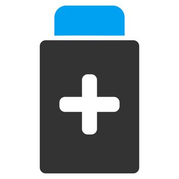 Medication Bottle raster icon. Style is bicolor flat symbol, blue and gray colors, rounded angles, white background.