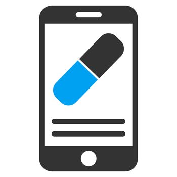 Medication Online Information raster icon. Style is bicolor flat symbol, blue and gray colors, rounded angles, white background.
