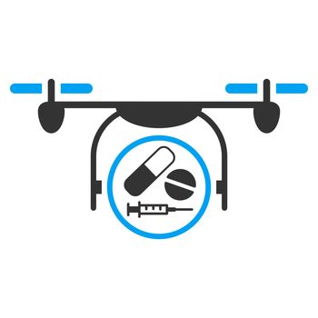 Medication Quadcopter raster icon. Style is bicolor flat symbol, blue and gray colors, rounded angles, white background.