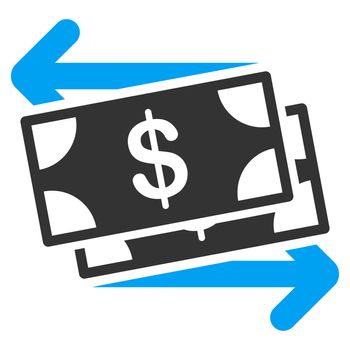 Money Exchange raster icon. Style is bicolor flat symbol, blue and gray colors, rounded angles, white background.