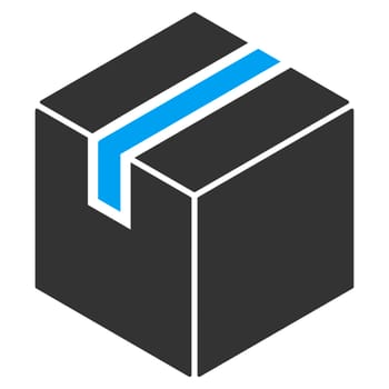 Package raster icon. Style is bicolor flat symbol, blue and gray colors, rounded angles, white background.