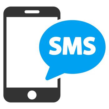 Phone Sms raster icon. Style is bicolor flat symbol, blue and gray colors, rounded angles, white background.