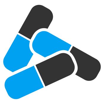 Pills raster icon. Style is bicolor flat symbol, blue and gray colors, rounded angles, white background.