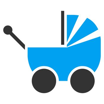 Pram raster icon. Style is bicolor flat symbol, blue and gray colors, rounded angles, white background.