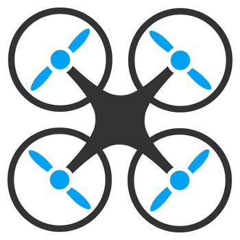 Quadcopter raster icon. Style is bicolor flat symbol, blue and gray colors, rounded angles, white background.