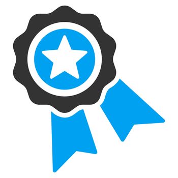 Quality Seal raster icon. Style is bicolor flat symbol, blue and gray colors, rounded angles, white background.