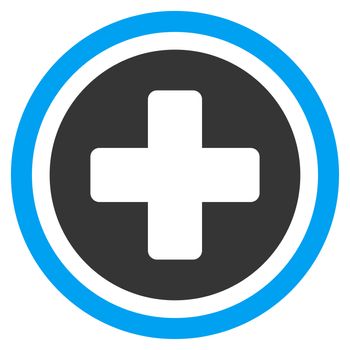 Rounded Cross raster icon. Style is bicolor flat symbol, blue and gray colors, rounded angles, white background.