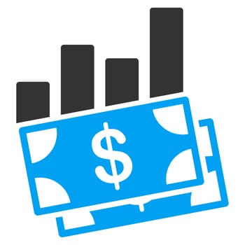 Sales Bar Chart raster icon. Style is bicolor flat symbol, blue and gray colors, rounded angles, white background.