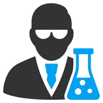 Scientist With Flask raster icon. Style is bicolor flat symbol, blue and gray colors, rounded angles, white background.