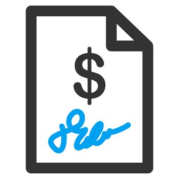 Signed Invoice raster icon. Style is bicolor flat symbol, blue and gray colors, rounded angles, white background.