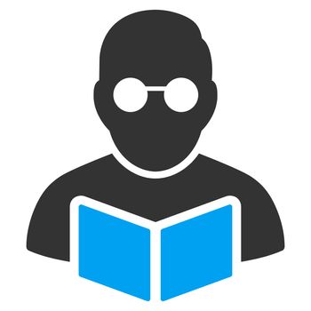 Student Reading Book raster icon. Style is bicolor flat symbol, blue and gray colors, rounded angles, white background.
